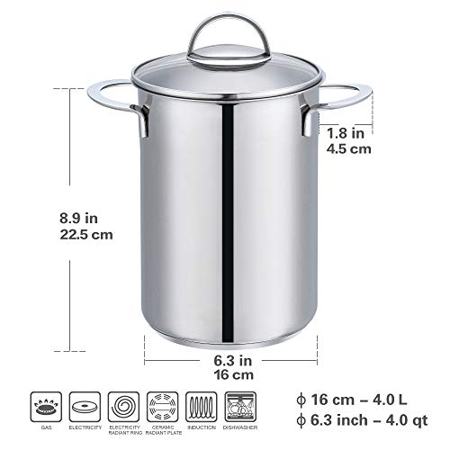 Eono by Amazon Cacerola para inducción de acero inoxidable de tres piezas para cocer espárragos y otras hortalizas con cesta y tapa, apta para horno y lavavajillas, 16 cm, 4 L, ASP-1622