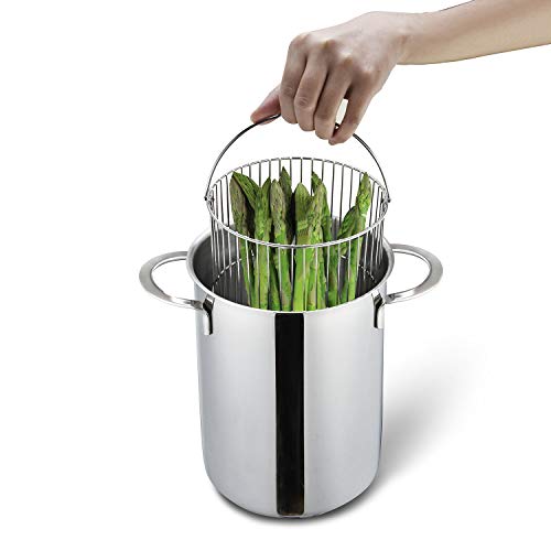 Eono by Amazon Cacerola para inducción de acero inoxidable de tres piezas para cocer espárragos y otras hortalizas con cesta y tapa, apta para horno y lavavajillas, 16 cm, 4 L, ASP-1622