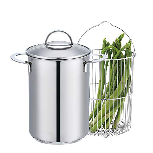 Eono by Amazon Cacerola para inducción de acero inoxidable de tres piezas para cocer espárragos y otras hortalizas con cesta y tapa, apta para horno y lavavajillas, 16 cm, 4 L, ASP-1622