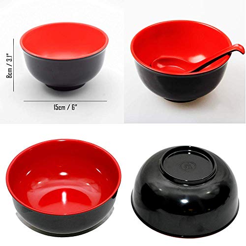 EOPER 4 Paquetes de Cuencos de plástico Negro y Rojo de imitación de Porcelana para Sopa, tazón de arroz, vajilla de Cocina