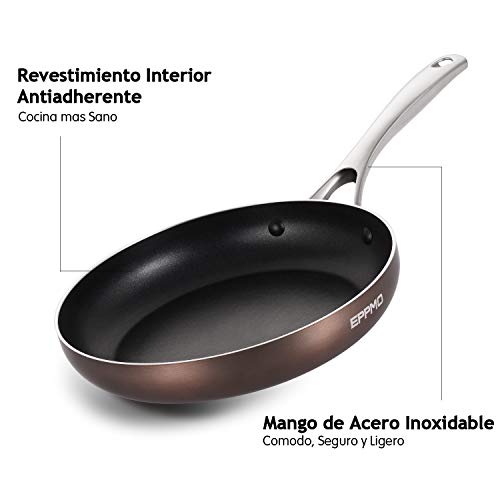 EPPMO Sartén Antiadherente de Aluminio 20cm sin PFOA, Sartén Resistente a Alta Temperatura, Mango de Acero Inoxidable， Apto para todo tipo de Cocinas incluido Inducción, Saltear Asar Freir, Cobre
