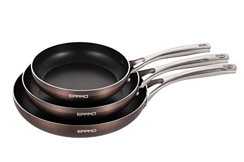 EPPMO Sartén Antiadherente de Aluminio 20cm sin PFOA, Sartén Resistente a Alta Temperatura, Mango de Acero Inoxidable， Apto para todo tipo de Cocinas incluido Inducción, Saltear Asar Freir, Cobre