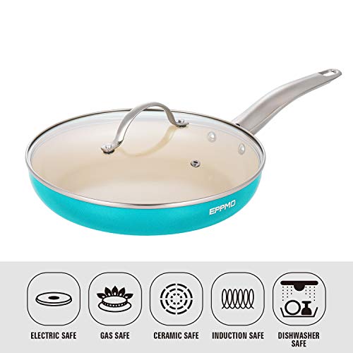 EPPMO Sartén Antiadherente de Aluminio 24cm sin PFOA, Sartén de Cerámica Resistente a Alta Temperatura con Tapa. Apto para todo tipo de Cocinas incluido Inducción, Azul Tiffany, Saltear Freir Asar