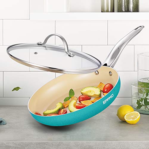 EPPMO Sartén Antiadherente de Aluminio 24cm sin PFOA, Sartén de Cerámica Resistente a Alta Temperatura con Tapa. Apto para todo tipo de Cocinas incluido Inducción, Azul Tiffany, Saltear Freir Asar