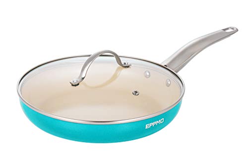EPPMO Sartén Antiadherente de Aluminio 24cm sin PFOA, Sartén de Cerámica Resistente a Alta Temperatura con Tapa. Apto para todo tipo de Cocinas incluido Inducción, Azul Tiffany, Saltear Freir Asar