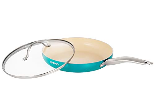 EPPMO Sartén Antiadherente de Aluminio 24cm sin PFOA, Sartén de Cerámica Resistente a Alta Temperatura con Tapa. Apto para todo tipo de Cocinas incluido Inducción, Azul Tiffany, Saltear Freir Asar