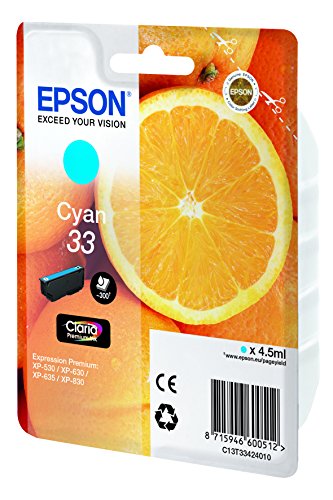 Epson Claria Premium 33 - Cartucho de tinta cian estándar 4,5 ml válido para los modelos Expression Premium XP-530, XP-540, XP-630, XP-635, XP-900 y otros, Ya disponible en Amazon Dash Replenishment