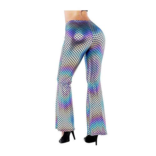 Equipada de la mujer Petalum rayas Escamas Brillantes Significativa Espigado De La Cintura De Los Pantalones Casuales De La Moda Micro Acampanados Bajo camuflaje Imprimir ( Color : Blue , Size : M )
