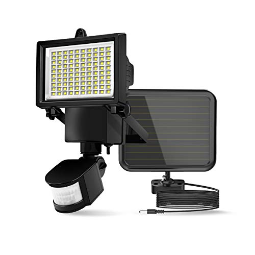 ERAY Luz Solar Exterior, Lámpara Solar 100 Leds con Sensor de Movimiento, Panel Solar Separado/ 700 Lúmenes/ IP44 Impermeable/ 2200mAh Batería Recargable, Luz de Seguridad para Jardín, Patio, Camino