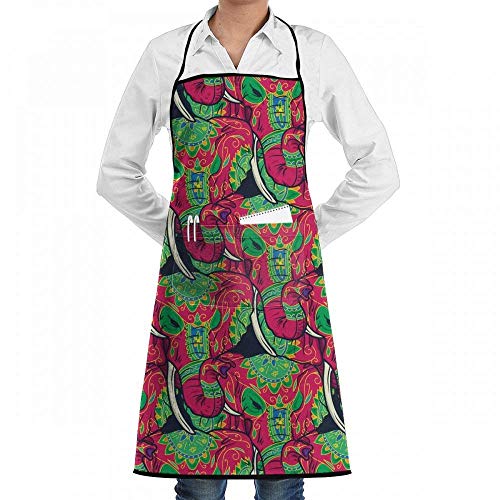 Eriesy Delantal de Chef,Delantal de Cocina,Colorful Sugar Skull Indian Elephant Chef Kitchen Cooking Aprons BBQ Bib Apron with Pockets for Women Men