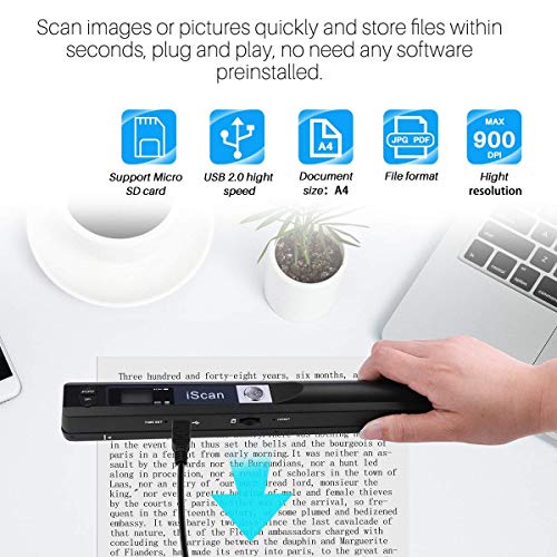 Escáner portátil de Documentos AOZBZ Portátil 900DPI Escáner de Imagen en Color USB A4 (Formato JPG/PDF Hi-Speed USB 2.0, Tarjeta Micro SD/TF de Necesidad, Pero no incluida) (Escáner + Tarjeta 16GTF)