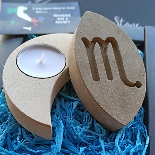 Escorpio Candelabro de Candelita de Piedra Hecho a Mano en Italia - Incluye Caja de Regalo, Vela y Tarjeta de Mensaje en Blanco - Regalo Cumpleaños Octubre Noviembre Zodiaco Agua