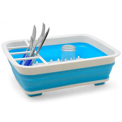 Escurreplatos con Bandeja para vajilla y cubiertos hecho de silicona y Plástico plegable azul