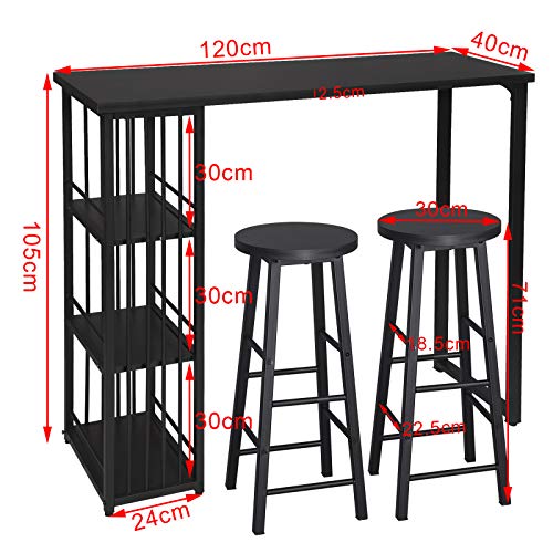 eSituro Juegos de Muebles Altas 1 Comedor Mesa y 2 Taburetes de Bar, Mesa de Bar Mesa de Cafetería Barra Cocina con Estructura de Metal con 3 Estantes 120x40x105cm Negro SBST0402+SBST0329-2