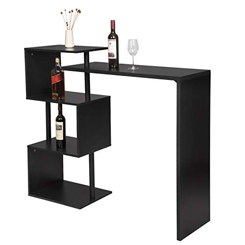eSituro Mesa de Bar Giratoria Mesa de Cafetería Mesa de Barra Mesa de Cocina Alta Madera Maciza con 3 Estantes 134x38x112 cm Negro SBST0404