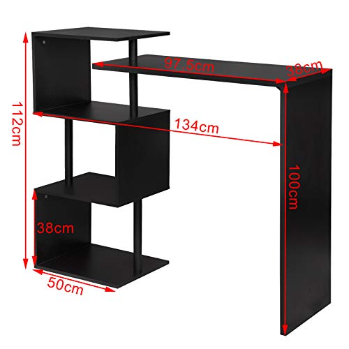 eSituro Mesa de Bar Giratoria Mesa de Cafetería Mesa de Barra Mesa de Cocina Alta Madera Maciza con 3 Estantes 134x38x112 cm Negro SBST0404