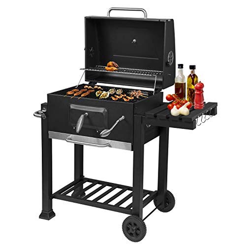 eSituro SBBQ0006 Barbacoas de carbón con Tapa Ruedas Parrilla de Carbón Acero Inoxidable Ajustable en Altura Abridor de Botellas Parrilla de Pie para Barbacoa Jardín Camping Balcón, Negro