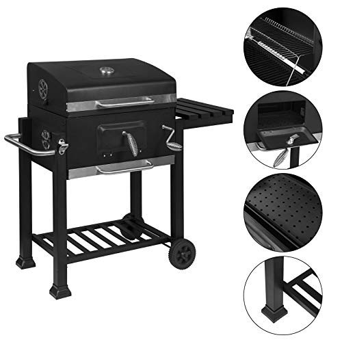 eSituro SBBQ0006 Barbacoas de carbón con Tapa Ruedas Parrilla de Carbón Acero Inoxidable Ajustable en Altura Abridor de Botellas Parrilla de Pie para Barbacoa Jardín Camping Balcón, Negro