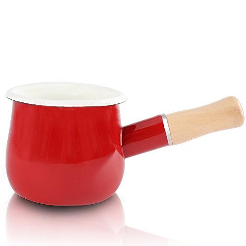 Esmalte leche Pan, Mini calentador de mantequilla 10 cm esmaltado cazo cacerola utensilios de cocina con mango de madera, tamaño perfecto para calefacción líquido porciones pequeñas.