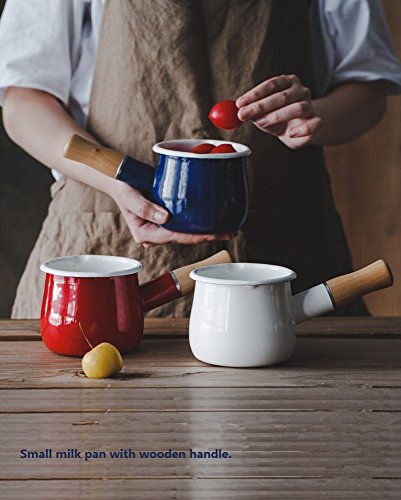 Esmalte leche Pan, Mini calentador de mantequilla 10 cm esmaltado cazo cacerola utensilios de cocina con mango de madera, tamaño perfecto para calefacción líquido porciones pequeñas.