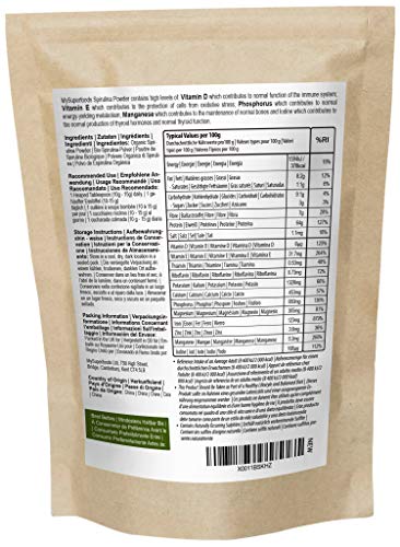 Espirulina En Polvo Orgánico 500g, MySuperFoods, Repletas de proteína, calcio y vitaminas, Rica en nutrientes, la mejor calidad disponible, certificado como producto orgánico por el Soil Association