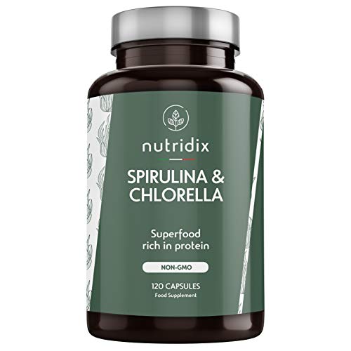 Espirulina y Chlorella 100% Veganas - Energia y Vitalidad - Detox y Saciante - Suplemento Rico en Minerales y Vitaminas - 180 Cápsulas Nutridix