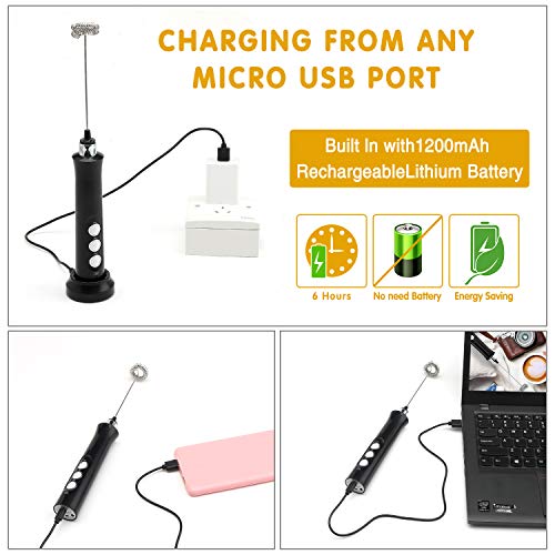Espumador de Leche 5 en 1 JORLAI Máquina de Espuma Eléctrica de Mano 3 Velocidades Batidora de Café Recargable USB de Bajo Ruido Batidora de Mantequilla de Chocolate Caliente con Aguja de Patrón