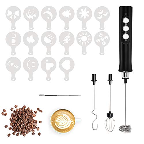 Espumador de Leche 5 en 1 JORLAI Máquina de Espuma Eléctrica de Mano 3 Velocidades Batidora de Café Recargable USB de Bajo Ruido Batidora de Mantequilla de Chocolate Caliente con Aguja de Patrón