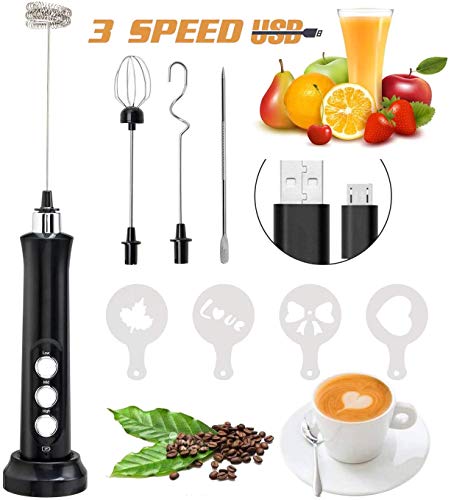 Espumador de Leche 5 en 1 JORLAI Máquina de Espuma Eléctrica de Mano 3 Velocidades Batidora de Café Recargable USB de Bajo Ruido Batidora de Mantequilla de Chocolate Caliente con Aguja de Patrón
