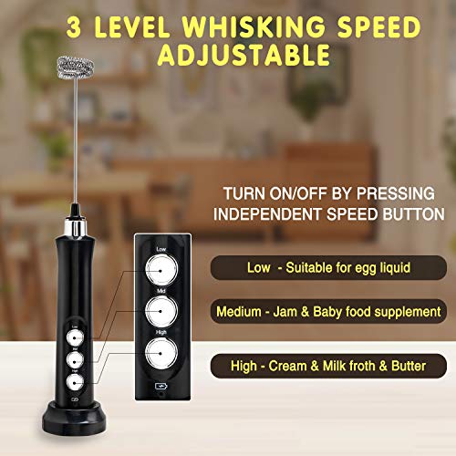 Espumador de Leche 5 en 1 JORLAI Máquina de Espuma Eléctrica de Mano 3 Velocidades Batidora de Café Recargable USB de Bajo Ruido Batidora de Mantequilla de Chocolate Caliente con Aguja de Patrón