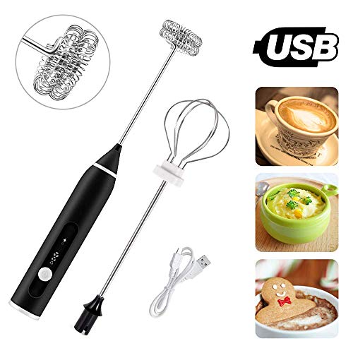 Espumador Leche Electrico, KIPIDA USB Batidor de Leche de Acero Inoxidable Cabeza Doble del Batidor la Primavera Espumador Leche 2 en 1 Batidora para Café,Cappuccino,Nata,Leche,Huevos, 3 Velocidades