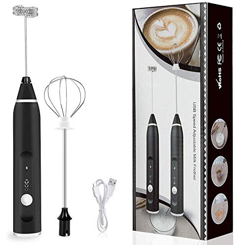 Espumador Leche Electrico, KIPIDA USB Batidor de Leche de Acero Inoxidable Cabeza Doble del Batidor la Primavera Espumador Leche 2 en 1 Batidora para Café,Cappuccino,Nata,Leche,Huevos, 3 Velocidades