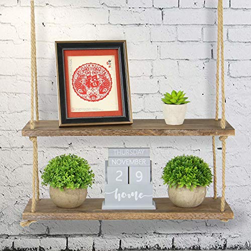 Estante colgante de madera | Estantería de cuerda montada en la pared | Estante Boho Chic | Repisa rústica de cuerda de yute | Accesorios incluidos | M&W 2 Tier