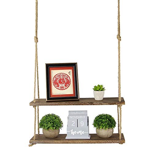 Estante colgante de madera | Estantería de cuerda montada en la pared | Estante Boho Chic | Repisa rústica de cuerda de yute | Accesorios incluidos | M&W 2 Tier