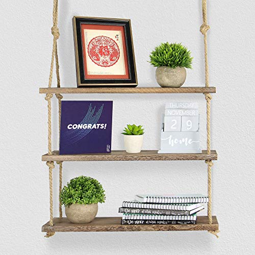 Estante colgante de madera | Estantería de cuerda montada en la pared | Estante Boho Chic | Repisa rústica de cuerda de yute | Accesorios incluidos | M&W 3 Tier