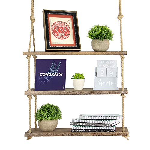 Estante colgante de madera | Estantería de cuerda montada en la pared | Estante Boho Chic | Repisa rústica de cuerda de yute | Accesorios incluidos | M&W 3 Tier