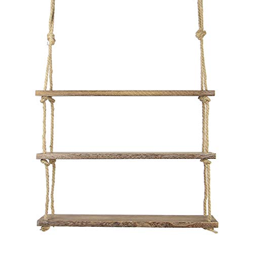 Estante colgante de madera | Estantería de cuerda montada en la pared | Estante Boho Chic | Repisa rústica de cuerda de yute | Accesorios incluidos | M&W 3 Tier