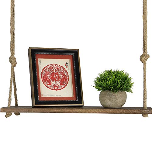 Estante colgante de madera | Estantería de cuerda montada en la pared | Estante Boho Chic | Repisa rústica de cuerda de yute | Accesorios incluidos | M&W 1 Tier