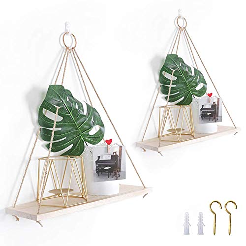 Estantes flotantes de Madera con Cuerda - Estantes de Almacenamiento de Columpio de Pared Estante Colgante de Madera Organizador de Cuerda de Yute Estante Inicio