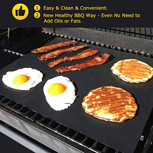 Esteras de barbacoa 40 * 33cm, 6 Piezas Láminas de Parrilla para Barbacoas, Grill Mats Antiadherentes con 2 Pinceles. Resistente al Calor y Reutilizable. Ideal para Horno, BBQ, Parrilla