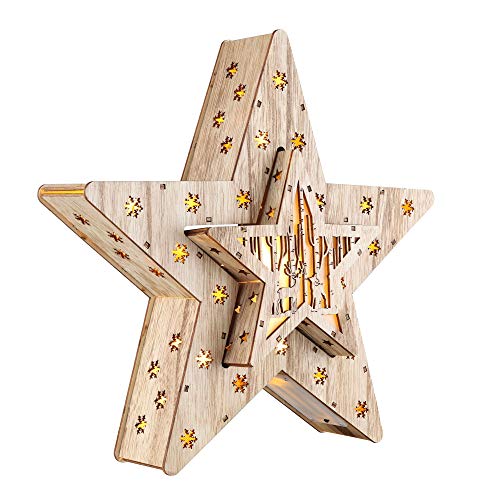 Estrella decorativa LED de madera en juego de 2 con 16 LED – 33,5 x 33,5 x 6 cm – Estrella de Navidad iluminada decoración de mesa ventana