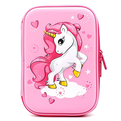 Estuche con diseño de unicornio volador en relieve, caja de suministros para la escuela grande con compartimentos, bolsa para lápices de papelería para niñas y niños, color rosa claro