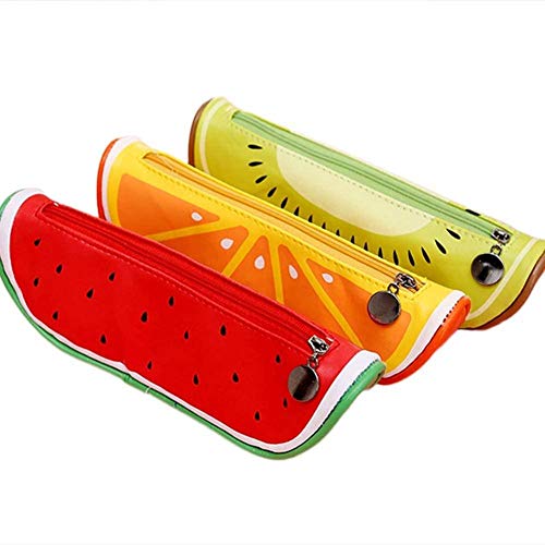 Estuche de lápices con forma de fruta de 3 piezas, estuche para estudiantes creativos, estuche de papelería de PU, estuche de cosméticos para maquillaje (naranja, kiwi, sandía)