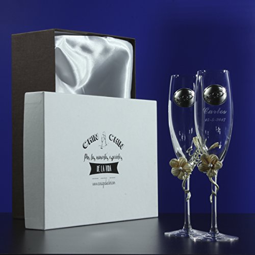 Estuche Dos Copas para Boda grabadas y con Flor