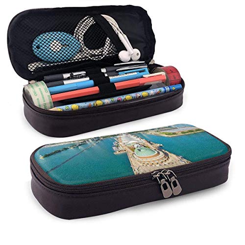 Estuche para lápices de cuero, Panorama aéreo de Navy Pier Marine Metropolis Big City, silueta, estuche para oficina de estudiantes, 7.8 'x4.5' x1.5 '