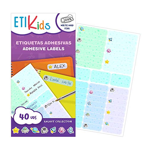 ETIKIDS 40 Etiquetas adhesivas, con dibujos espaciales, laminadas y personalizables multiusos (Funny Galaxia)