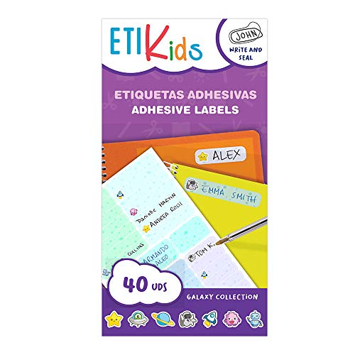 ETIKIDS 40 Etiquetas adhesivas, con dibujos espaciales, laminadas y personalizables multiusos (Funny Galaxia)