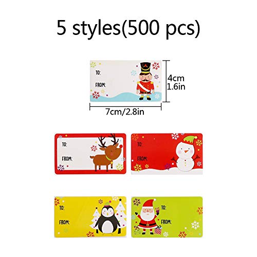 Etiquetas autoadhesivas navideñas Etiqueta de nombre de regalo Navidad 500 piezas 1 rollo de etiquetas adhesivas patrón de Papá Noel/alce/muñeco de nieve/pingüino Etiquetas adhesivas para frascos
