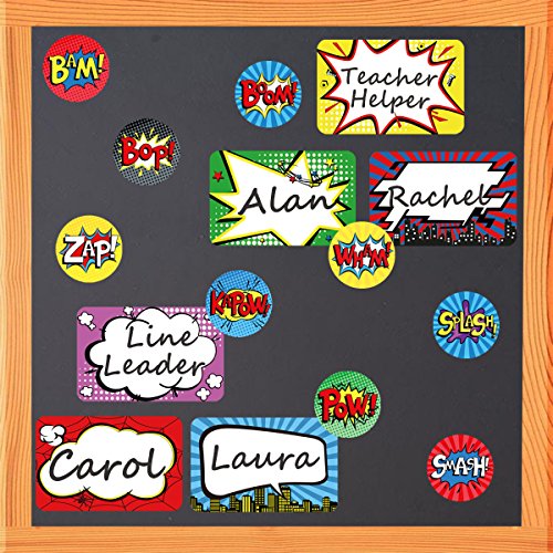 Etiquetas para el nombre con diseño de superhéroe, 200 unidades, rollo de pegatinas perforadas para decoración de oficina, escuela, hogar, aula