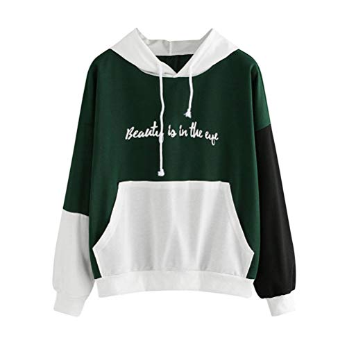 EUFANCE Letras de Las Mujeres Imprimir Patchwork Sudadera con Capucha Otoño de Manga Larga con Capucha Verde Tamaño 2XL